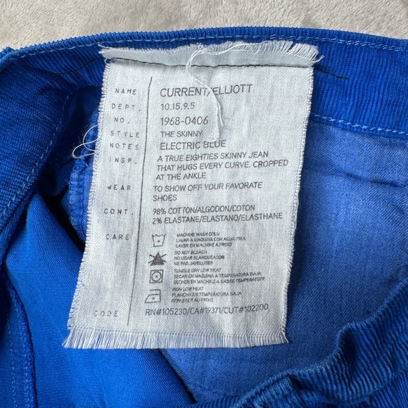 Current/Elliott The Skinny Electric Blue Corduroy Zip Fly Colorful Pants Size 28 - Picture 15 of 16
